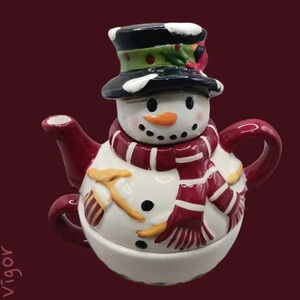 Vigor snowman small teapot & cup wht/ red and green